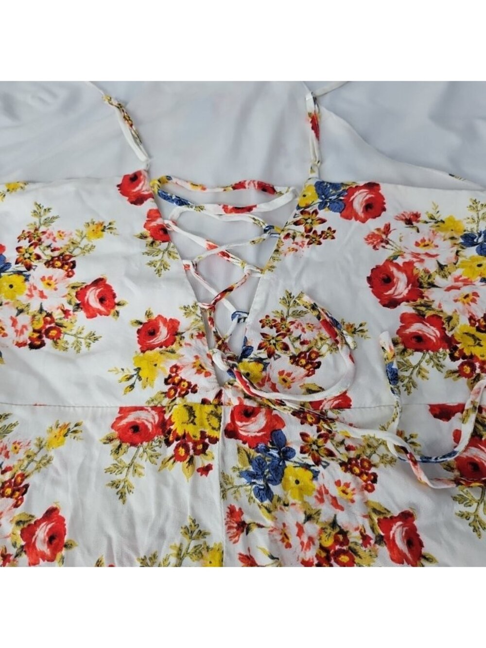 Iris Floral Fit & Flare Sundress Womens L Lace Up Back Cottagecore Boho Mini Dre - Picture 15 of 16